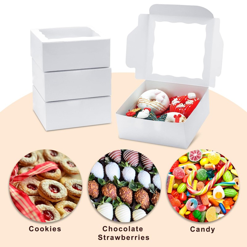 JOHOPACK 50pcs Cookie Boxes 6x6x2.5 Inch Bakery Boxes with window