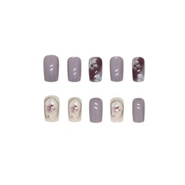 SINHOT Flower Press on Nails Medium Square Fake Nails Glossy Glue on Nails Purple Acrylic Nails White Flowers Arificial Nails Stick on False Nails with Design 24 pcs