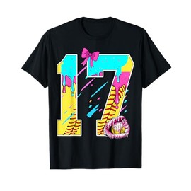 17th Birthday Softball Ice Cream Drip Bow 17 Years Kids Gift T-Shirt