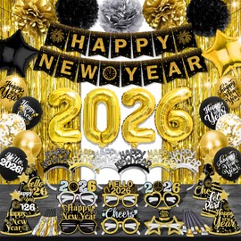 New Year Decorations 2026 - Black Gold Happy New Year Party Supplies Set include Banner, Balloons, Hats, Headbands, Glasses, Blowouts and Squawkers