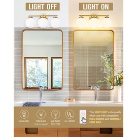 Emak Modern 3-Light Globe Vanity Light, Gold Bathroom Light Fixtures with Milk Glass Shade for Bathroom, VL114-GD-ML-3