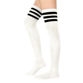 Durio Overknees Stockings Women's Winter High Socks Women's Overknees Socks Warm Long Socks Thermal Long Stockings Women's Knee Socks, White with black stripes