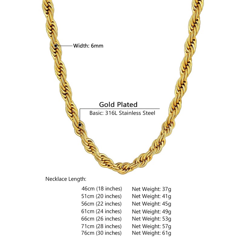 Supcare Mens Gold Chain, 56cm Stainless Steel Rope Chains Hip