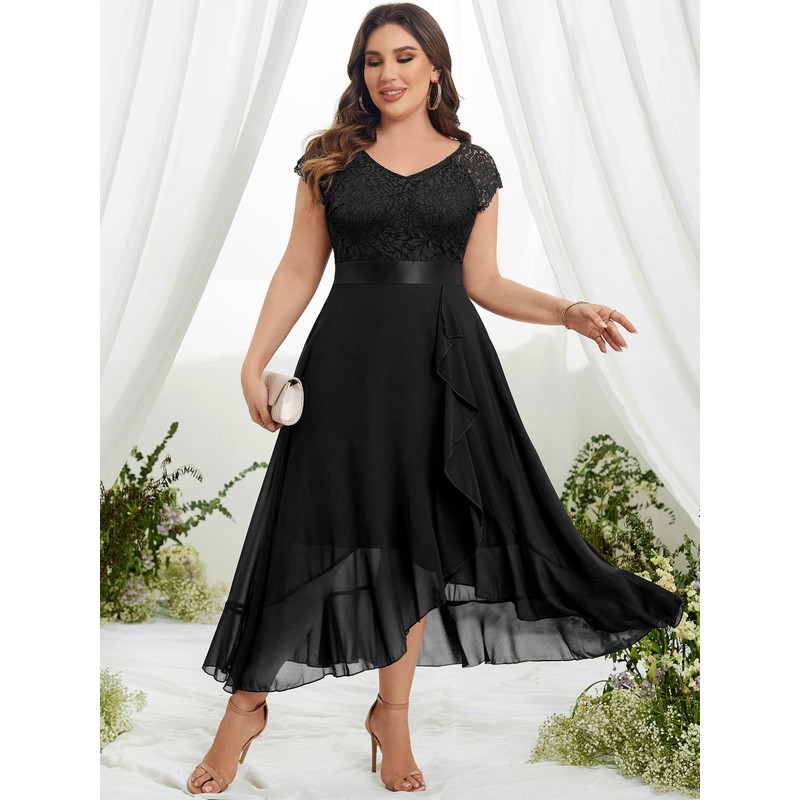 Miusol Women's Plus Size V Neck Floral Lace Ruffle Asymmetrical