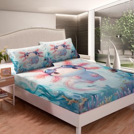 Axolotl Diving Fitted Sheet Single Size,Watercolor Cute Salamander 3D Print Bed Sheet with 1 Pillowcase,Undersea World Coral Seaweed Plants Soft Decorative Bedding(No Flat Sheet)