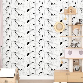 EPPKILY White/Black Cat Wallpaper Peel and Stick Animal Nursery Wallpaper Fun Cute Kitten Self Adhesive Removable Contact Paper for Kids Room Bedroom Walls Cabinets Decorative Paper 17.5"x102"