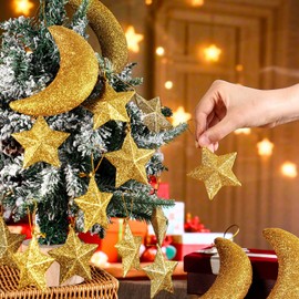 Soulchen 18 Pcs Glitter Star and Moon Christmas Gold Hanging Ornaments Set Christmas Celestial Ornaments Holiday Tree Decorations for Xmas Party Garland and Winter Decor