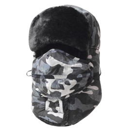 Trooper Trapper Hat,Winter Ski Hat with Winter Ear Flap and Ski Windproof Mask Camouflage Grey
