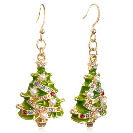 Elegant Sparkly Green Crystal Christmas Tree Stud Earrings Cute Xmas Bow Five-Pointed Starcolorful Rhinestone Dangle Earrings For Women Fashion Unique Holiday Party Jewelry Gift (Green)