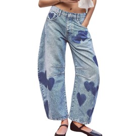 LifeShe Women's Wide Leg Baggy Jeans Low Waist Heart Barrel Loose Denim Pants Light Blue