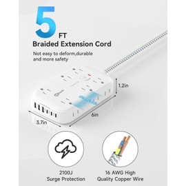 Power Strip with USB,Surge Protector Flat Plug Extension Cord 5ft, 12 Widely Outlets & 6 USB(3 USB C) Charging Ports, 3 Side Outlet Extender Wall Mountable Phone Tablet Computer Multiple Devices