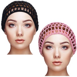 Geyoga 2 Pieces Mesh Crochet Hair Net Rayon Knit Snood Cap Cover Crocheted Shower Caps Sleep Hat for Women(Black, Pink)