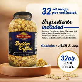 Stonehedge Farms Butter Toffee Flavored Popcorn | 32 oz Large Tub | Perfect for Holidays and Christmas | Bulk Gourmet Popped Sweet Snacks | Pop Corn 2 Pound Gift