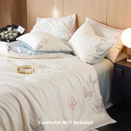 TodaFre Blue Tencel Lyocell Duvet Cover Queen Size, 3 Pieces Soft Cooling Bedding Set - 1 Embroidered Butterfly Duvet Cover 90x90 Inches with Zipper Closure, 2 Pillowcases