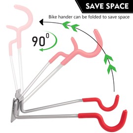 NiQinWuKin Bike Wall Mount Hangers，EVA Foam Padded Bicycle Hooks-Flip-Up Garage Bicycle Rack for Mountain, Road, and Kids Bikes Rack Holders 2 Pack Silver, Red