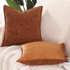 MADIZZ Pack of 2 Chenille Velvet Throw Pillow Covers 20x20 Inch Burnt Orange Soft Neutral Decorative Throw Pillows Accent Boho Cushion Covers for Couch Sofa Modern Farmhouse Home Decor