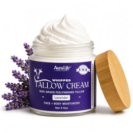 Auralife 100% Tallow de carne de res alimentada con pasto para el cuidado de la piel, cara y cuerpo, hidratante batida para pieles sensibles, loción natural, 4 onzas líquidas (lavanda)