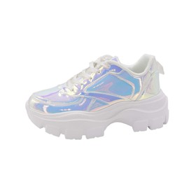 LUCKY STEP Women 90S Chunky Platform Reflective Sneakers - White Hologram Casual Lace-Up Walking Dad Sneakers(White Hologram,8 B(M) US)