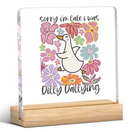 Mental Health Decor, Motivational Gifts for Women Men, Boho Floral Inspirational Acrylic sign with Wooden office Accessories Bedroom Dorm Apartment Decoration-Sorry I'm Late I Was Dilly Dallying Goose