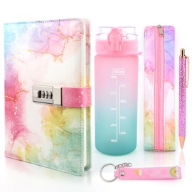 Christmas Gifts for Girls 8 9 10 11 12 13 14 Years, Diary with Lock Girls Drinking Bottle, Birthday Gifts Teenager Girls Age 7-15, Notebook, Water Bottle, Pen Pencil Case School