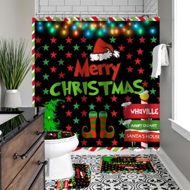 Moladika 4 Pcs Merry Christmas Shower Curtain Sets with Rugs Red and Green Star Winter Bathroom Set Xmas Tree Home Bath Bathtub Decor Durable Curtains Mats for Bathroom Decor 72 x 72 Inch