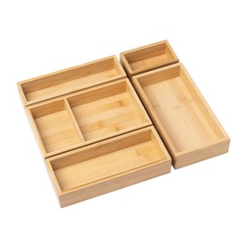 5 Piece Bamboo Drawer Organiser Set Wooden Drawer Organiser for Office Kitchen Wooden Drawer Tea Organiser Boxes Cutlery, Makeup and Tea Bags