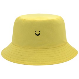 Bucket Hat Unisex 100% Cotton Smile Face Embroidery Reversible Hat Travel Bucket Beach Sun Hat Outdoor Cap, Reversible Yellow/Black, One Size