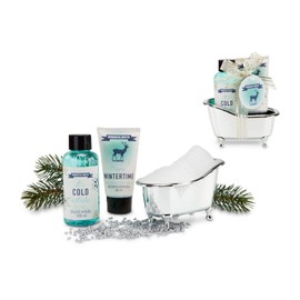 Römer Wellness Gift Set: Little Winter Time 3 Piece Set 100ml Shower Gel and 50ml Body Lotion in Decorative Silver Mini Bathtub Warm Vanilla & Lime Blossom Scented Dimensions: Approx. 12 x 5 x 14.5cm
