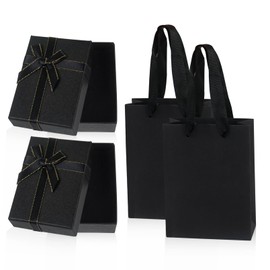 Nwvuop Pack of 2 Jewellery Gift Boxes with Gift Bags, 9 x 7 x 3 cm Small Gift Box with Lid Earring Ring Necklace Gift Box Jewellery Box (Black)