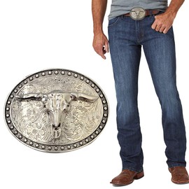 XGALBLA Western LongHorn Bull Head Texas Cowboy Belt Buckle Silever