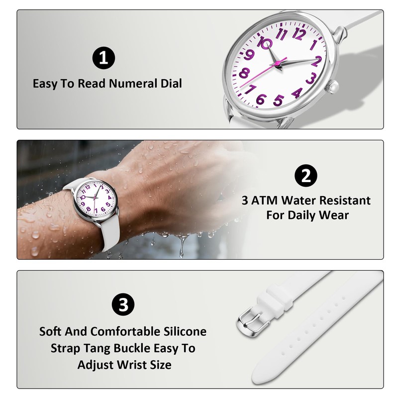 Bisley 35MM White Watch for Women Silicone Strap Purple Arabic