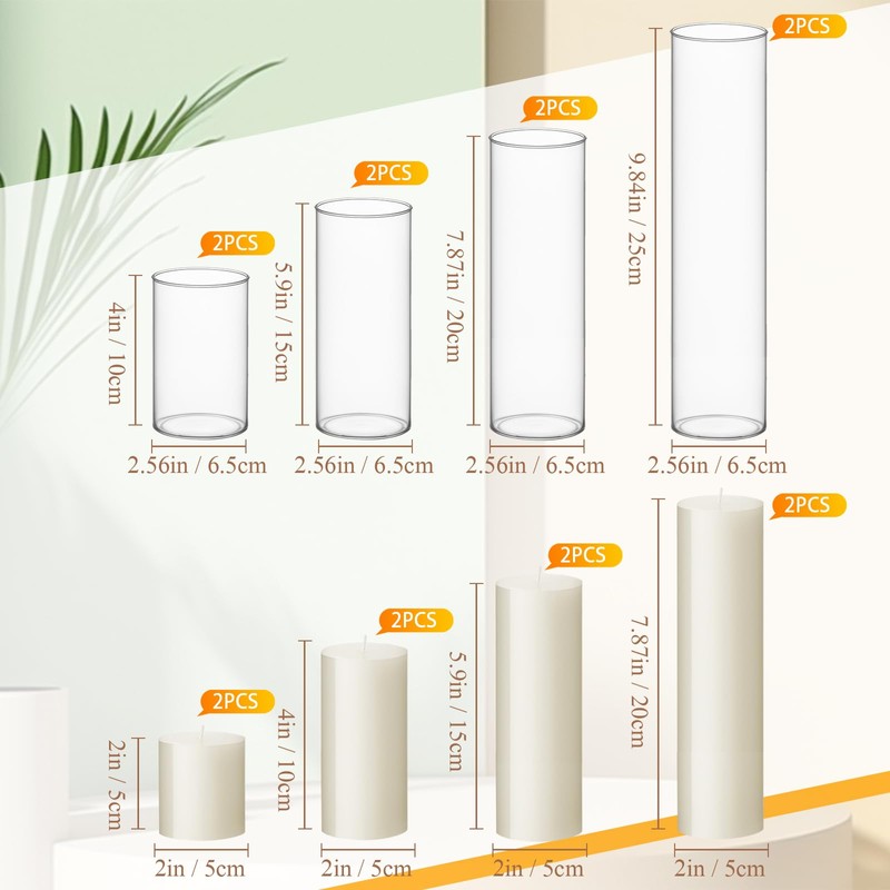 Shihanee Set of 8 Ivory Pillar Candles and Glass Cylinder