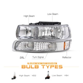 JSBOYAT 4pcs Headlight Assembly Fit for 1999 2000 2001 2002 Chevy Silverado 1500 2500/2000-2006 Chevy Tahoe Suburban, Passenger & Driver Side