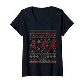 Womens Oh What Fun It is to Run Running Ugly Christmas V-Neck T-Shirt