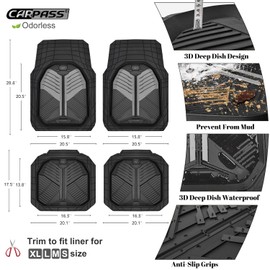 CAR PASS Heavy Duty Rubber Car Mats, Deep Dish Car Floor Mats All Weather, Car Mats Full Set 4-Piece Trim to Fit for Sedans SUVs Trucks, Waterproof Anti-Slip Automotive Mats, V12 Black and Gray