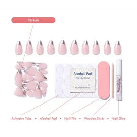 Press On Nails 32 Rose Pink Silver – Short Almond I Reusable Press on Nails - Gilded Rose I French nail, Chrome Tip for Adult I Nails with Glue Adhesive Tabs, Clean Pad, Nail File & Wood Stick
