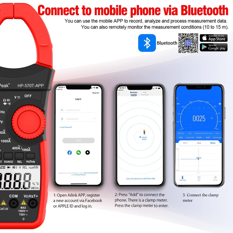 HOLDPEAK Handheld Clamp Meter with Bluetooth via APP, HP-570T-APP Digital