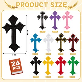 24 Pcs Cross Patches, Sew on Cross Patches Iron On Embroidered Chrome Heart Patchs Decorative Repair Cross Applique Iron On Patch for Jeans Hats Shirts Jackets Backpacks (11 Color)