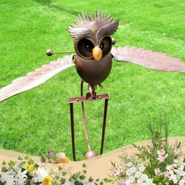 Metal Owl Garden Stake Decor, Owl Garden Rocker Outdoor Metal Owl Sculpture, Kinetic Owl Decorative Garden Stakes for Outdoor Garden Lawn Yard (Standing Owl)