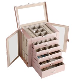 CIIGIO 6 Layer Large Jewelry Boxes With Mirror，Multifunctional 5 Drawers Jewelry Box Organizer with 2 Glass Door for Necklace Organizing (Rose Gold)