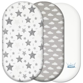 Selemavi Moses Basket Fitted Sheets Set – 100% Cotton, 3pc Moses Basket Bedding Set with 2 Fitted Sheets & 1 Waterproof Mattress Protector