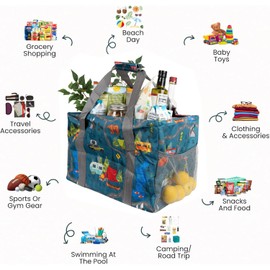 Extra Large Utility Tote Bag - Oversized Collapsible Tote with Wire Frame, Durable Reusable for Beach, Groceries, Laundry, Car Trunk, Storage and Travel - Includes 5x7 Bag with Hook - Camping