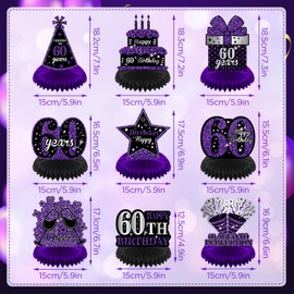 RUMIA 9-Piece Purple 60th Birthday Honeycomb Centerpieces, Unisex Party Supplies for Table Decor