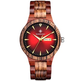 rorios Men's Wooden Watch Luminous Quartz Analogue Watch with Date Natural Lightweight Handmade Wooden Watch for Men, red, Bracelet