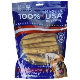 Pet Factory Beefhide Chip Rolls Dog Treats 78117 Made in USA, Natural, Digestive 5-Inch Dog Chew with Assorted Beef & Chicken Flavor, High Protein, Improves Dental Health. 18 Pack, Resealable Package