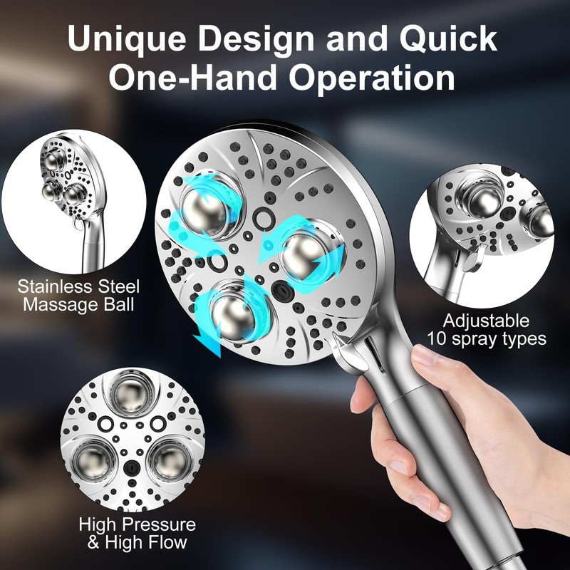 Filter Handheld Shower Head for Residual Chlorine Remove,10-Spray Modes Massage