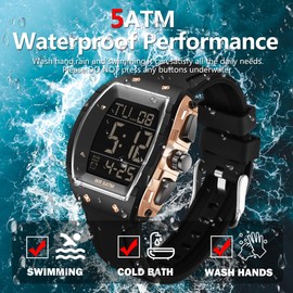 findtime Men's Digital Watch Tonneau Sports Wristwatch Waterproof Fashion Big Number LED Alarm Men Watch Calendar Dual Time Casual Silicone Strap