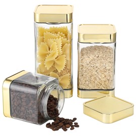 DORMIYA 3 Pcs Glass Storage Jars with Lids, Kitchen Canister Set, Clear Food Storage Container, 25.4 oz 37.2 oz 54.1 oz Square Canisters for Flour, Sugar, Cereal