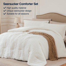 Quataly Beige Oversized Queen Comforter Set - 3 Pieces Seersucker Lightweight Bedding Comforter Sets (1 Soft Fluffy Comforter & 2 Pillowcases) - All Seasons Cozy Farmhouse Bed Sets for Women Men