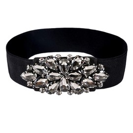 Dorchid Women Rhinestone Belt Crystal Elastic Waist Floral Cummerbund for Dress Black S